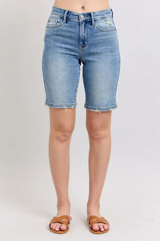 Judy Blue 152101 High Waist Vintage Wash Bermuda Shorts, front view with classic denim style and cuffed hem.