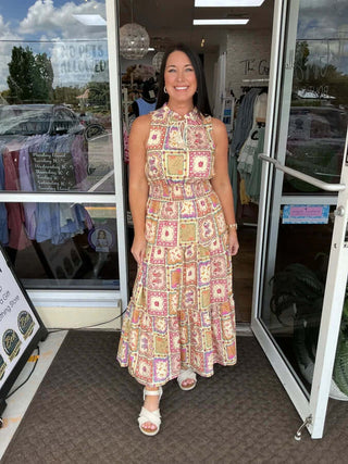Paisley Patchwork Tiered Maxi Dress with Beaded Tassel - Vibrant bohemian style, flowy silhouette, perfect for summer occasions.