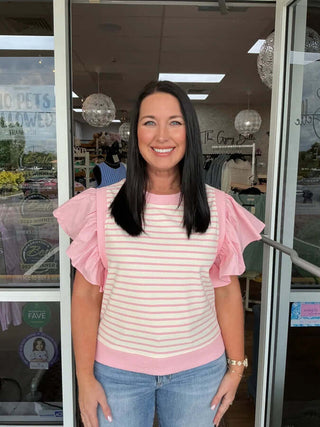 Women's Ivory & Pink Stripe Top with Ruffle Shoulders by Jodifl, chic and stylish for a trendy wardrobe update.