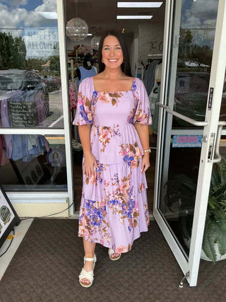 Lavender floral midi dress with square neck by Oddi, ideal for spring outings and casual elegance.