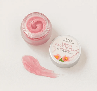 FHF Sweet Cactus Pear Lip Drench Jelly Sleep Mask in chic packaging against a cactus-themed backdrop.
