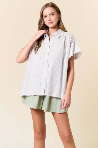 Stylish striped button down flutter sleeve top available in multiple colors, perfect for a chic and versatile wardrobe addition.