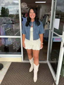 Alt text: "Trendy washed denim cropped short-sleeve jacket by Cozy Co, perfect for a stylish casual look.
