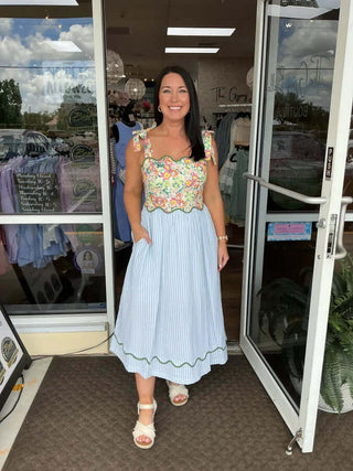 Dusty Sage Floral & Seersucker Midi Dress with Scallop Trim from &merci - Elegant and Chic Fashion