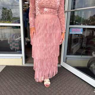Women’s Tiered Fringe Tassel Midi Skirt in Origami design, available in five colors, stylish and versatile fashion.