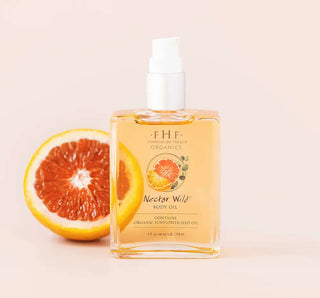 FHF - Nectar Wild™ Organic Body Oil 4 oz, luxurious skincare in glass bottle with pink floral label branding