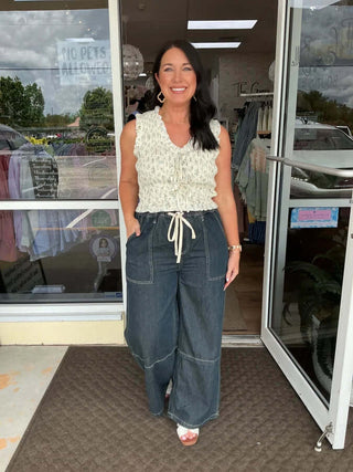 Smocked Ditsy Floral Ruffle Tie Front Sleeveless Top in Two Colors by &merci - Chic Summer Fashion