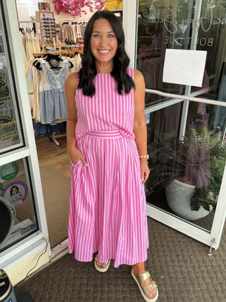 Shades of Pink Stripe Skirt Set by Entro, featuring a stylish design and comfortable fit, perfect for a chic look.