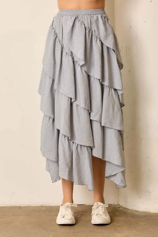 Polagram Blue Striped Tiered Maxi Skirt - Elegant design, lightweight, stylish final sale offer, perfect for summer occasions.