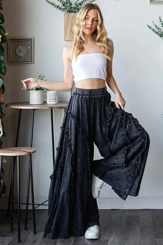 Oli & Hali Ruffle Wide Leg Mineral Wash Pants—Stylish, comfortable, and available in multiple colors. Perfect for versatile fashion!
