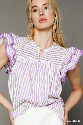 Umgee Lavender Seersucker Top with Preppy Ruffle Sleeves – chic spring-summer fashion for a stylish, elegant look.
