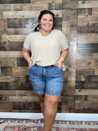 Judy Blue Dark Wash Utility Midi Shorts with pockets, perfect for casual wear, showcasing style and comfort.