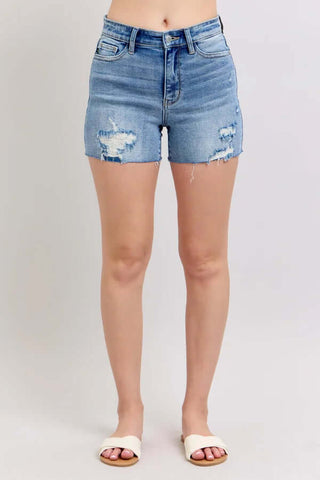Judy Blue 15294 High Waist Shorts with stylish reinforced distressing, perfect for a trendy casual look.