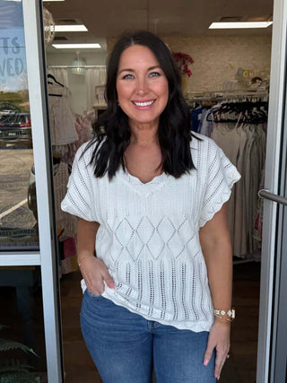 V-Neck Scalloped Edge Sweater Top in various colors, elegant and trendy fashion staple for all-season wear.