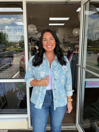 Light wash denim eyelet button-down relaxed shacket by Sew In Love on a stylish mannequin
