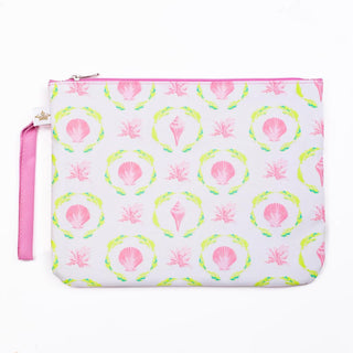 Alt text: "Pink & Green Preppy Shell Wet/Dry Bag – Stylish and versatile for beach trips and travel.