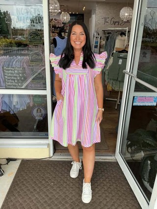 Sherbert Stripe Split Neck Ruffle Dress by Sew In Love: Vibrant, colorful summer dress with flirty ruffles and a split neckline.