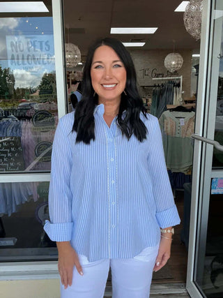 Women's striped button-down scalloped top, available in multiple colors, ideal for casual and formal occasions.