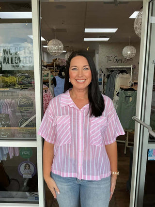 Pink and white stripe button-down short sleeve top on final sale, elegant and stylish design for summer fashion.