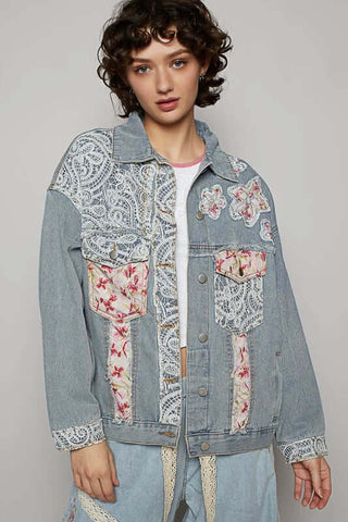 ALT text: "POL Pink Floral & Paisley Denim Jacket - Vibrant and Stylish Outerwear for a Trendy Look