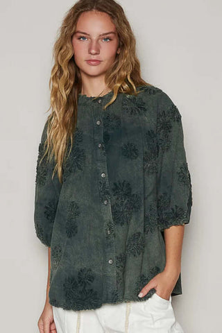 POL Charcoal Olive Button Down Top with Floral Embroidery