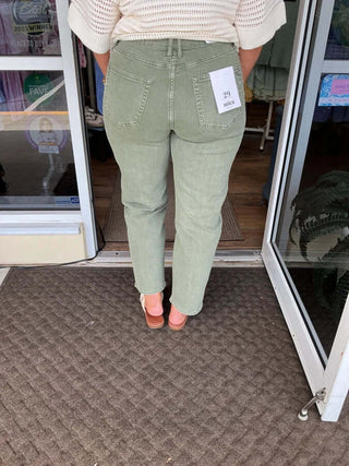 Mica Denim Lt Olive High Rise Tapered Cargo Jeans showcasing stylish pockets and sleek tapered fit on a neutral background.