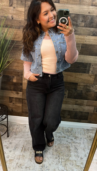Cozy Co Pearl Washed LT WASH Denim Short Sleeve Shrug Top