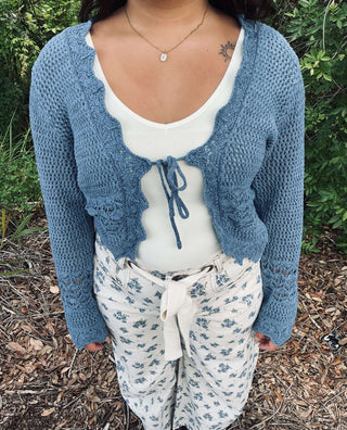 Cozy Co Crochet Knit Front Tie Cardigan Sweater in Beige and White, chic and comfy layering for all seasons.