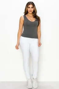 Charcoal buttery soft reversible seamless tank top on hanger, showcasing stretchy fabric and versatile style in a neutral charcoal hue.