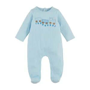 MudPie Blue Train Pointelle Footed Sleeper - Cozy baby outfit with train pattern, long sleeves, and soft footed design. Perfect for infants.