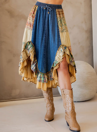 Young Threads Vintage Boho Patch Ruffled Midi Skirt