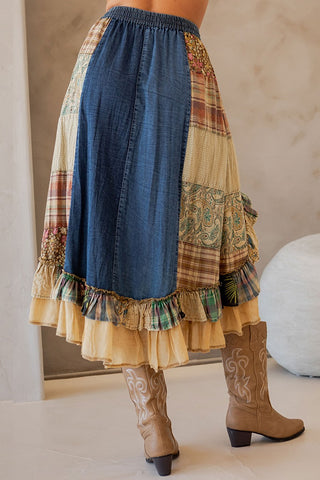 Young Threads Vintage Boho Patch Ruffled Midi Skirt