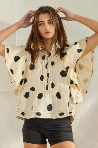 Bucketlist Ivory & Black Ruffle Slv Pintuck Polkadot Top