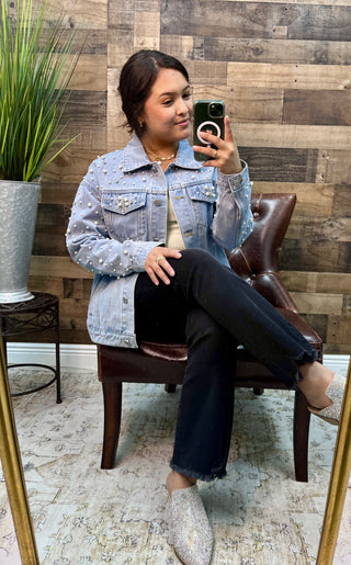 Davi & Dani Rhinestone & Pearl Denim Jacket