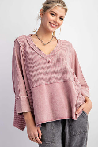 Dusty Mauve Mineral Wash V Neck Top by Easel - Stylish, relaxed fit for casual elegance in soft, textured fabric.