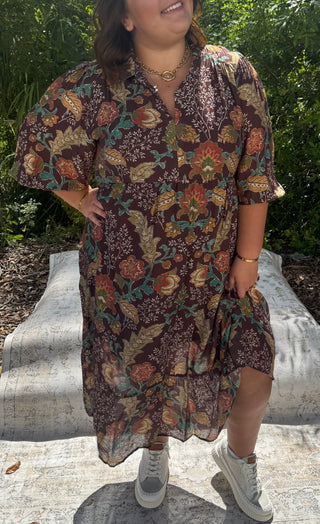 Umgee Brown Mix Floral Collared Midi Dress