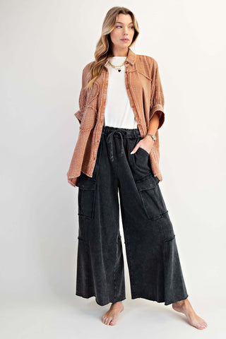 Fashionable Washed Wide Leg French Terry Cargo Pants in 4 Colors by Easel - Comfortable and Stylish Women's Wear.