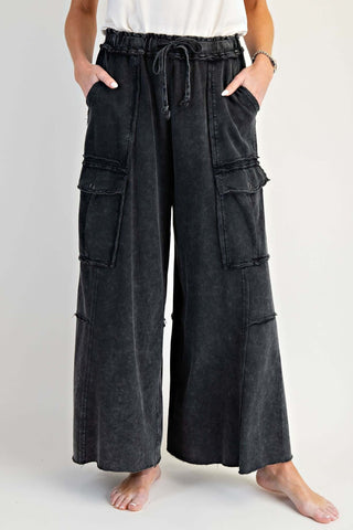 Wide-leg washed French Terry cargo pants in 4 colors by Easel, featuring comfortable fit and stylish pockets.