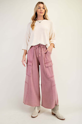 Comfortable Washed Wide Leg French Terry Cargo Pants in 4 Colors by Easel – Stylish and Versatile Casual Wear