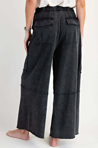 Stylish Washed Wide Leg French Terry Cargo Pants by Easel in 4 Colors - Trendy and Comfortable Fashion.