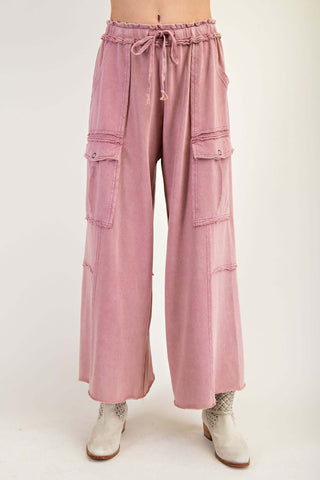Comfortable Washed Wide Leg French Terry Cargo Pants in 4 Colors by Easel – Relaxed fit, versatile style.