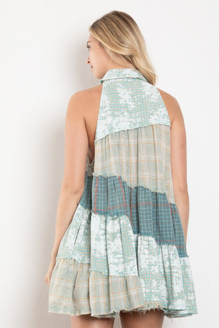 Blue Velvet Turquoise Plaid Tunic Dress Sleeveless Button Down Collar Cut