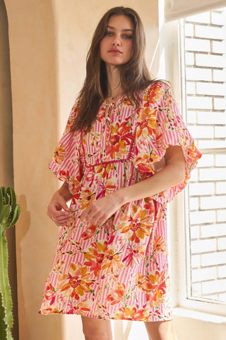 Pink and white printed striped babydoll dress with puff sleeves and relaxed fit, floral motif and tiered hem Oddi dress.