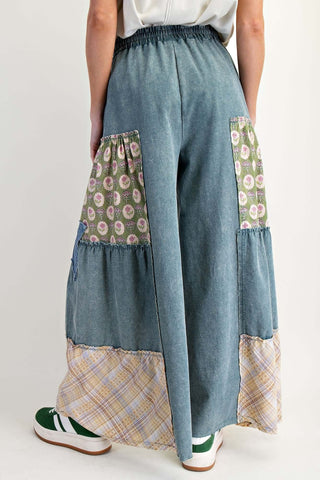 Trendy Washed Denim Patchwork Wide Leg Palazzo Pants by Easel, showcasing a stylish and comfortable relaxed-fit design.