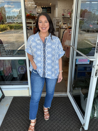 Sew In Love Embroidered Blue Button Top w/ Contrast Placket