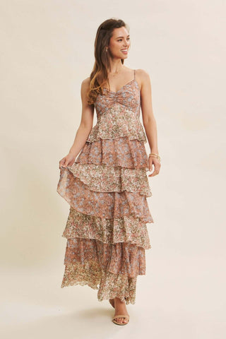 Clay Floral Tiered Ruffle Maxi Dress with Smocked Back - Perfect for February Fashion