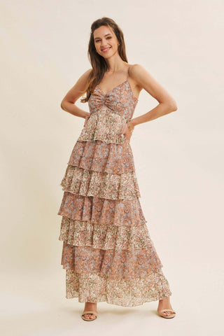 Clay Floral Tiered Ruffle Maxi Dress with Smocked Back, perfect for February fashion, elegant and stylish design.