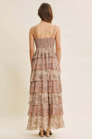 Clay Floral Tiered Ruffle Maxi Dress with Smocked Back, perfect for February occasions, elegant floral design.
