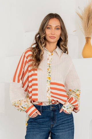Sew In Love Ivory & Rust Floral Stripe Top w/ Button Down Detail