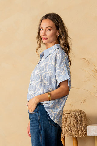 Sew In Love Embroidered Blue Button Top w/ Contrast Placket